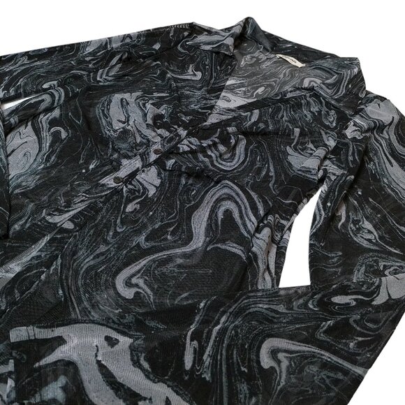 Blouse 3X NWOT button-down shirt slim fit long sleeve sheer abstract black gray - Picture 4 of 5